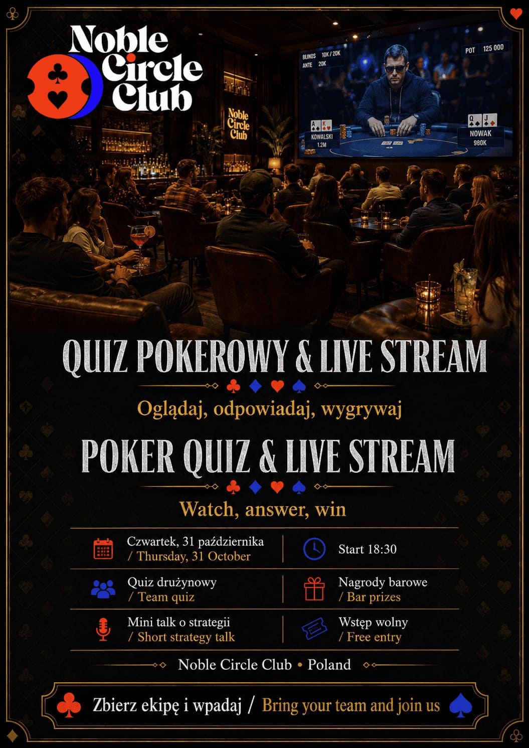Plakat quizu pokerowego i live streamu w Noble Circle Club