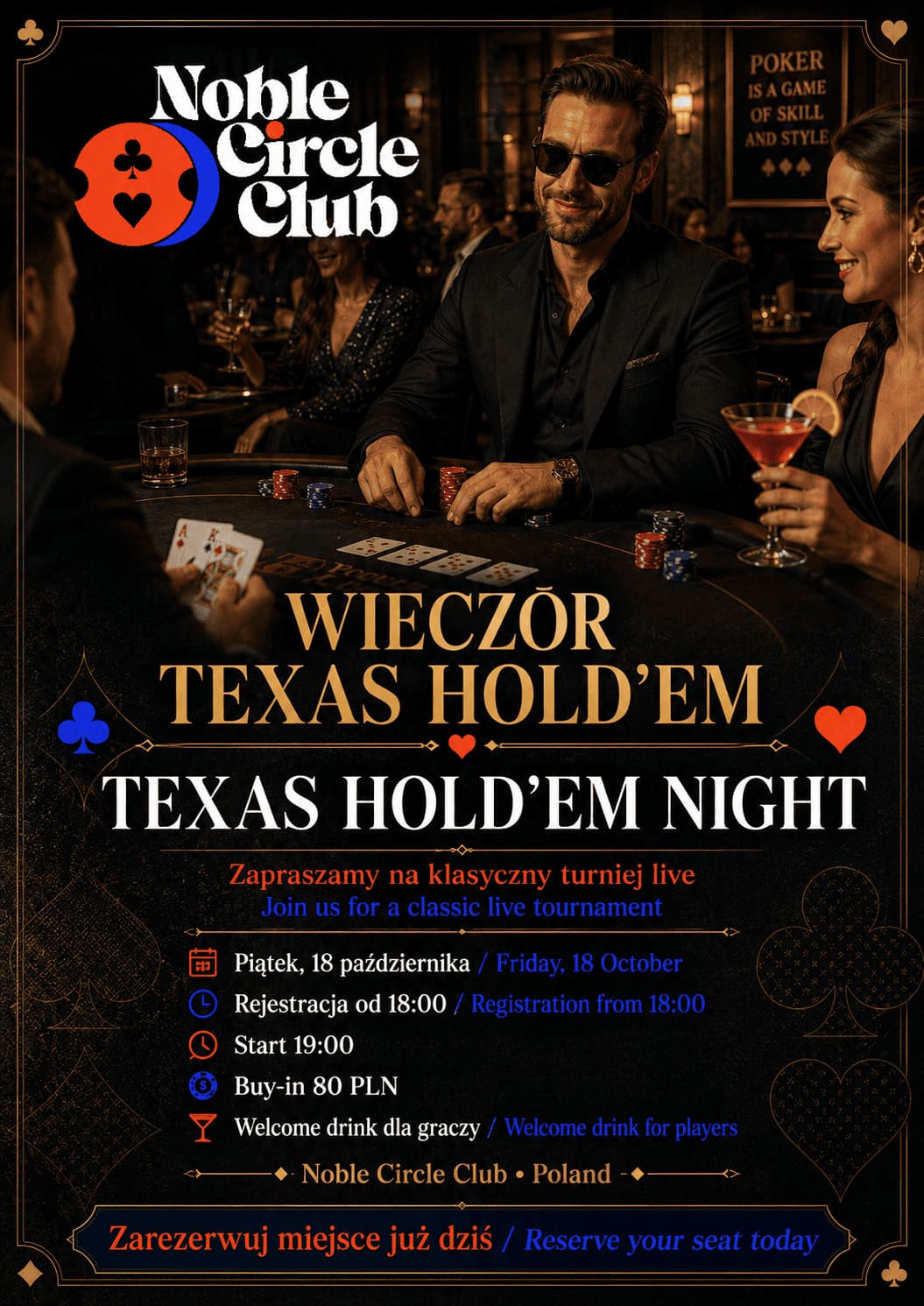 Plakat wieczoru Texas Hold'em w Noble Circle Club