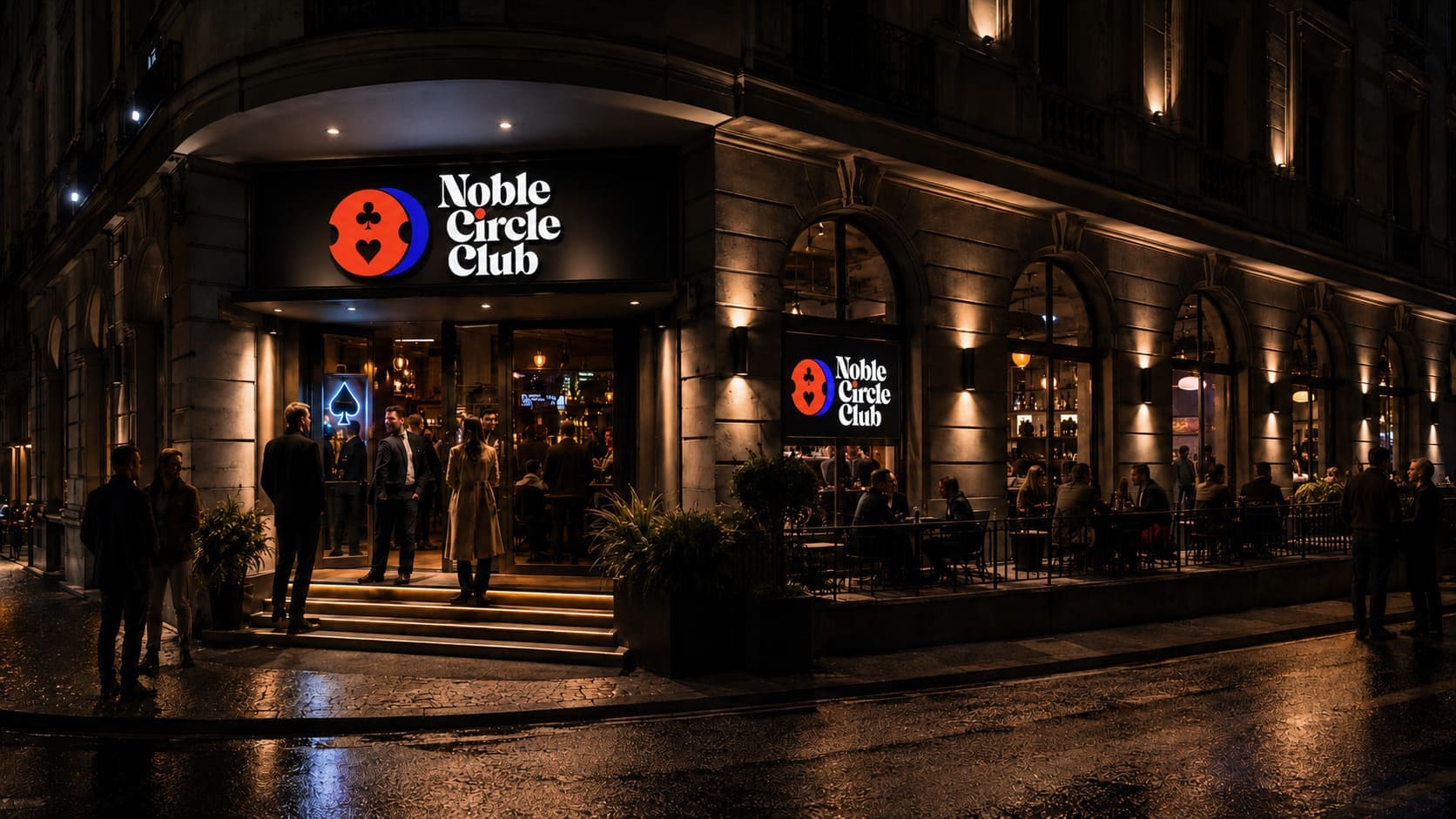Narożne wejście do Noble Circle Club nocą — bar pokerowy we Wrocławiu