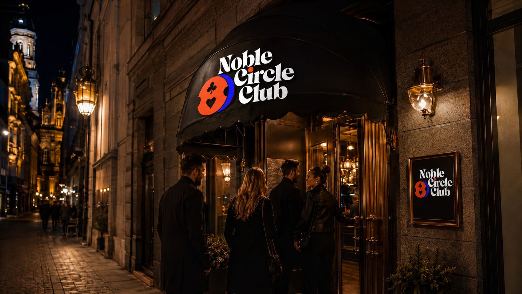 Goście przed wejściem do Noble Circle Club wieczorem