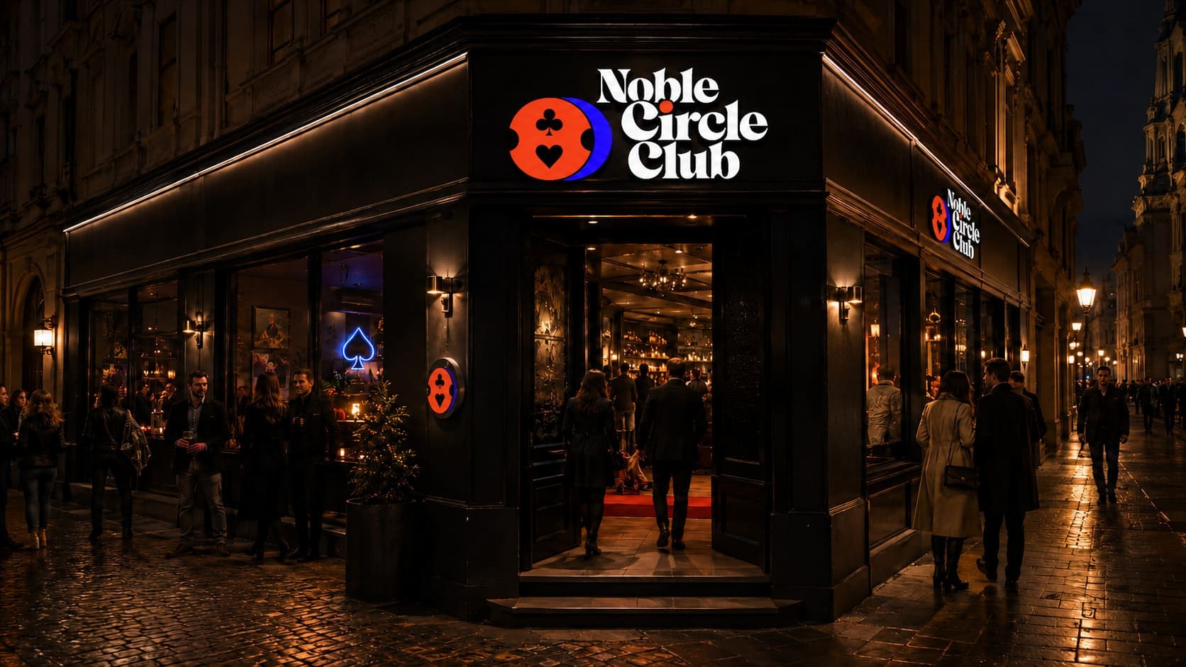 Wejście do Noble Circle Club nocą — bar pokerowy we Wrocławiu