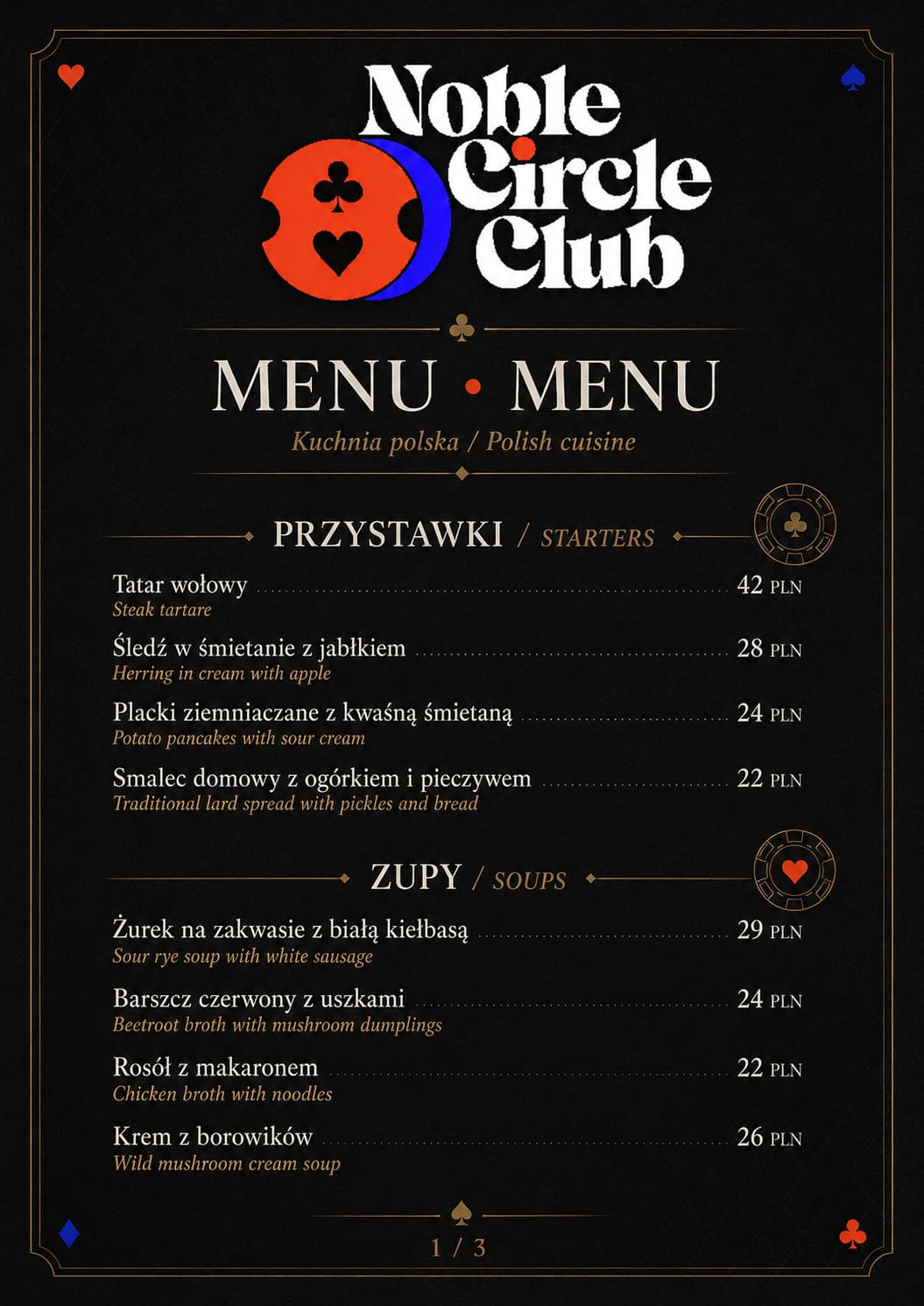 Karta menu Noble Circle Club — przystawki i zupy kuchni polskiej