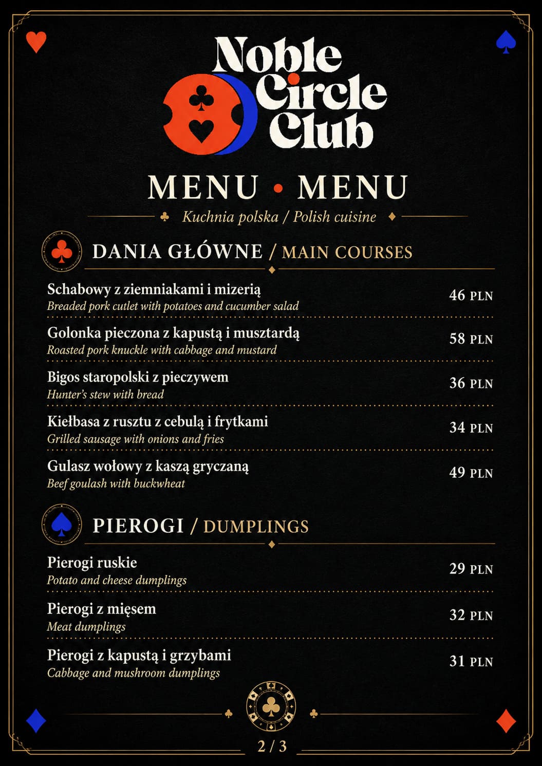 Karta menu Noble Circle Club — dania główne, pierogi i kopytka