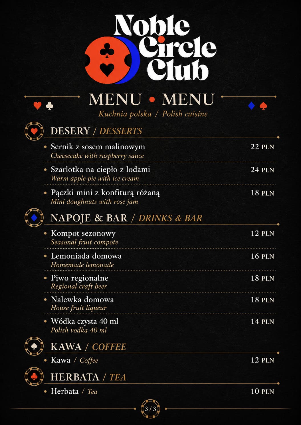 Karta menu Noble Circle Club — desery, napoje, kawa i herbata