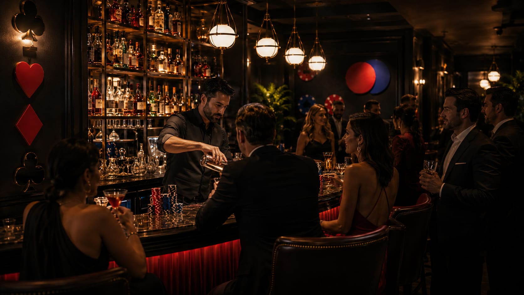 Barman przygotowujący koktajle za eleganckim barem Noble Circle Club