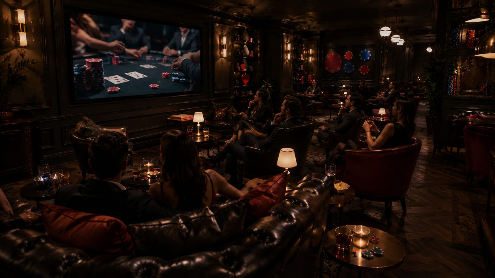 Pusta sala jadalna w lounge Noble Circle Club z grafikami z symbolami kart