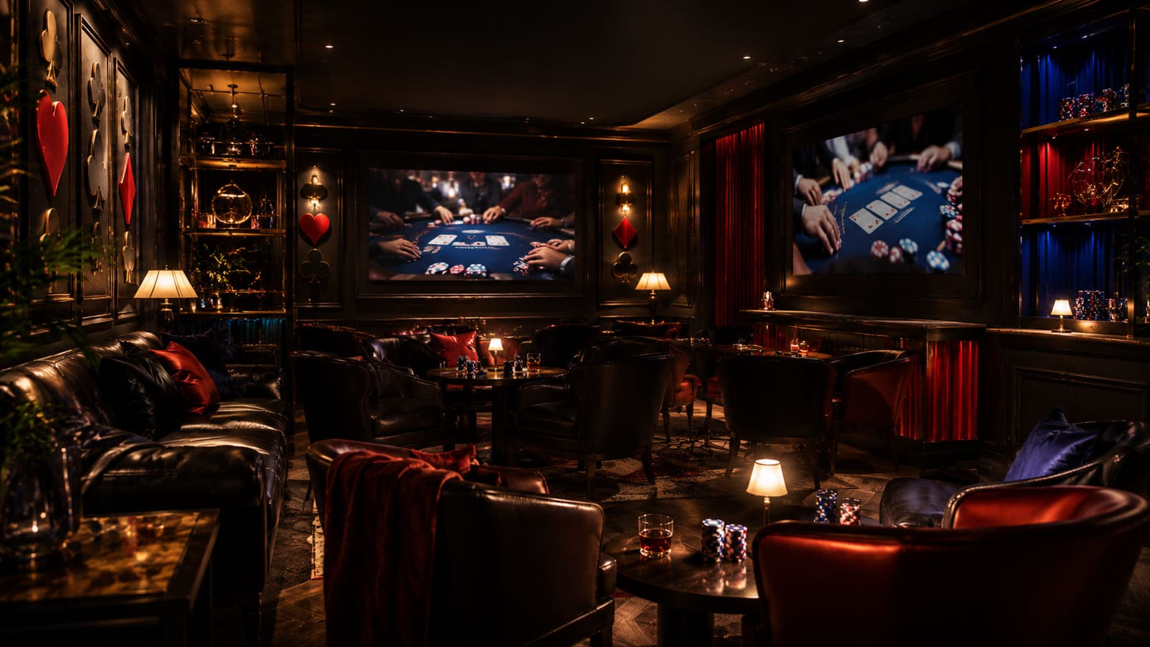 Elegancki lounge z dwoma ekranami do transmisji pokerowych w Noble Circle Club